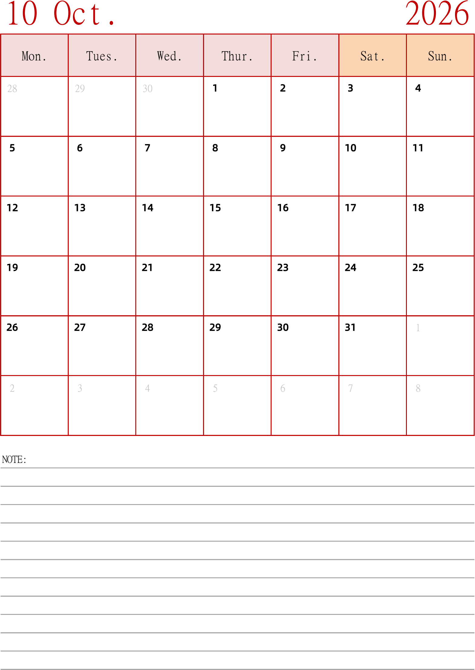 日历表2026年日历英文版纵向排版周一开始- 模板[DF006] - 日历精灵